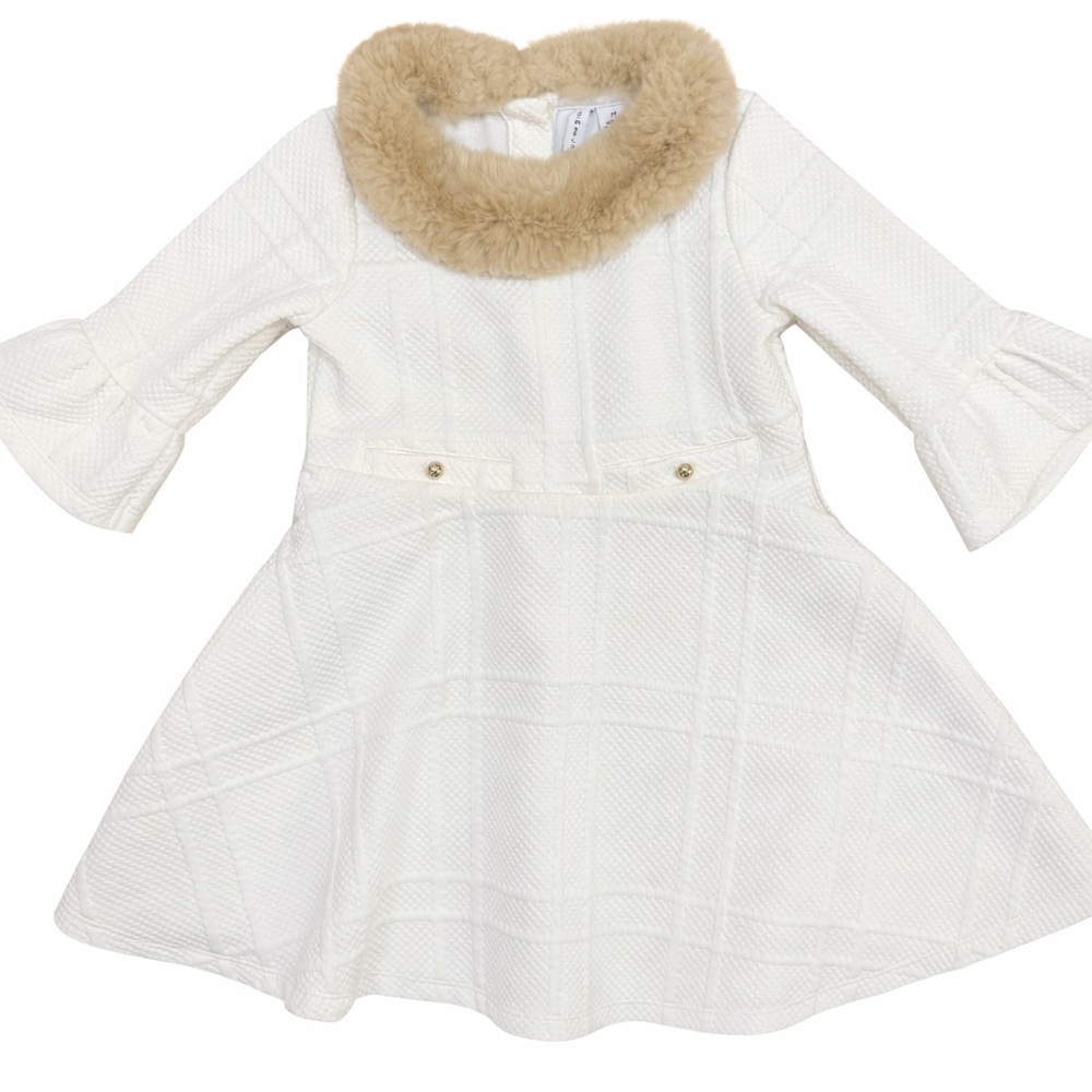 Janie and Jack White Dress With Tan Faux Fur Trim